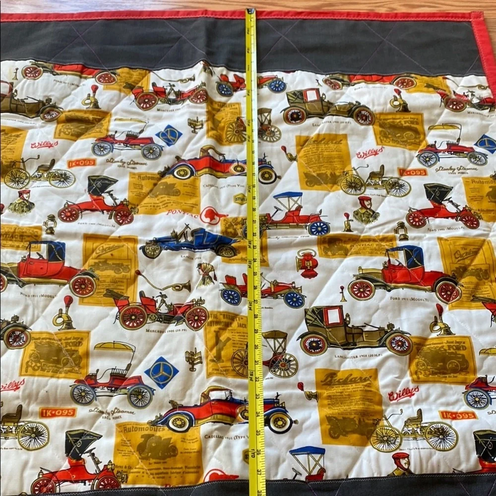Vintage Car Print Quilt with Red and Black Border Cottagecore Retro Prairie